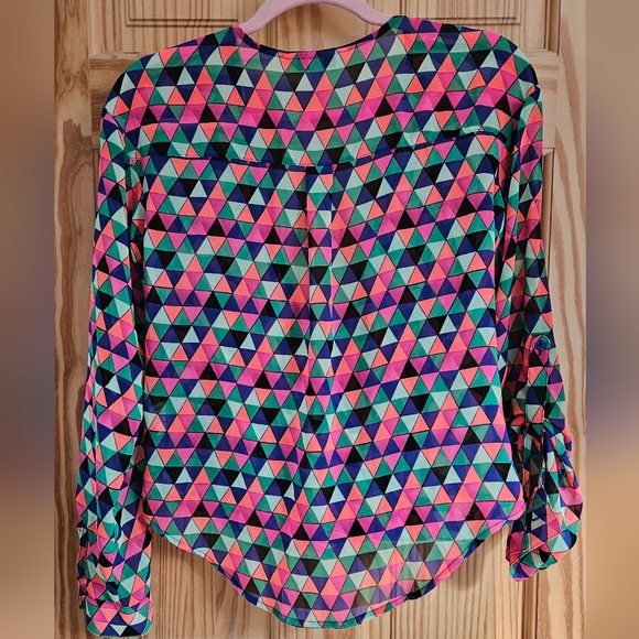 Decree Triangle Geometric Multicolor Sheer Wrap Blouse Bright Size Extra Small - Picture 6 of 8